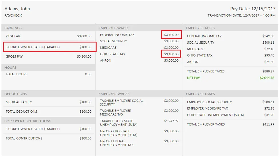 Screenshot of an example paycheck showing where to view S Corp health (taxable) and tax amounts.