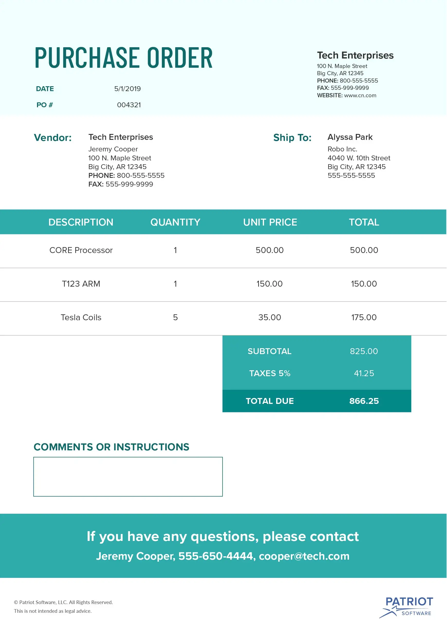 what is a purchase order example