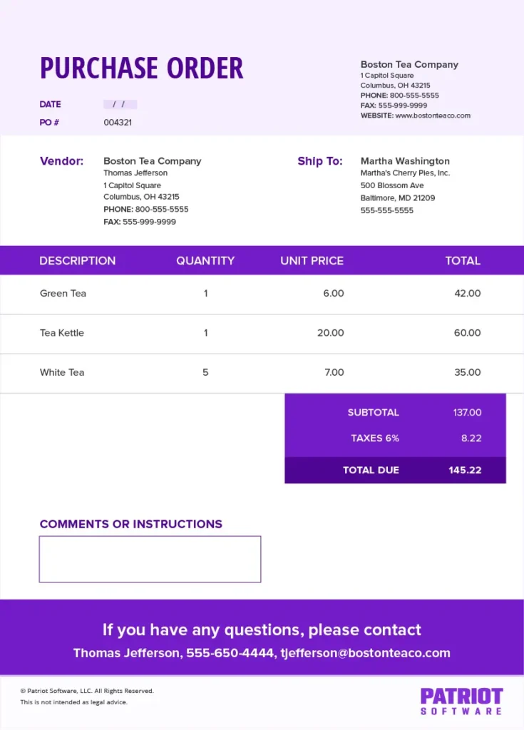 purchase order example