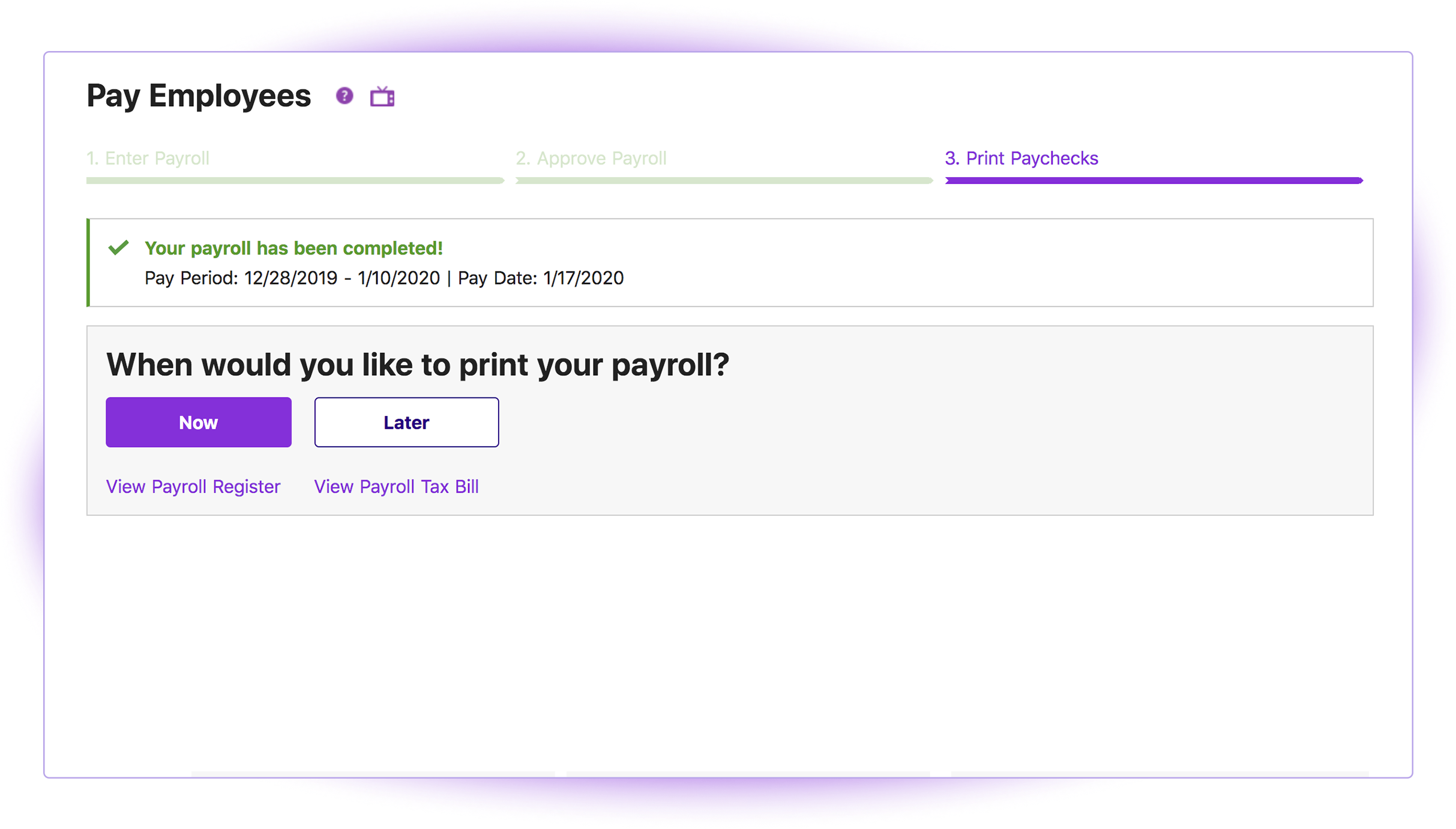 Patriot's Print Paychecks page in the payroll software.