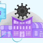 graphic of coronavirus crashing down on business, but business is hooked up to IV bag symbolizing financial relief