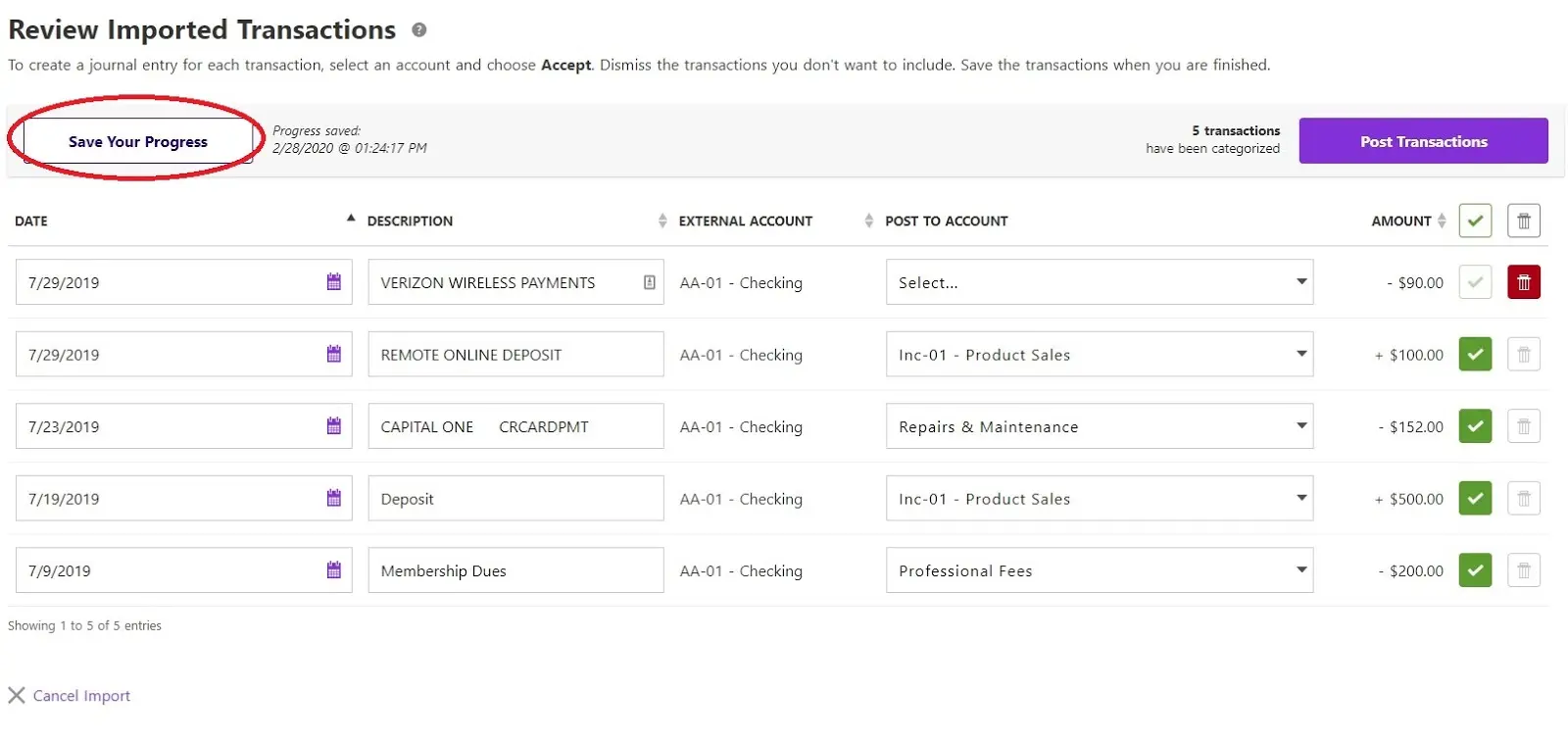 review imported transactions in Patriot Software