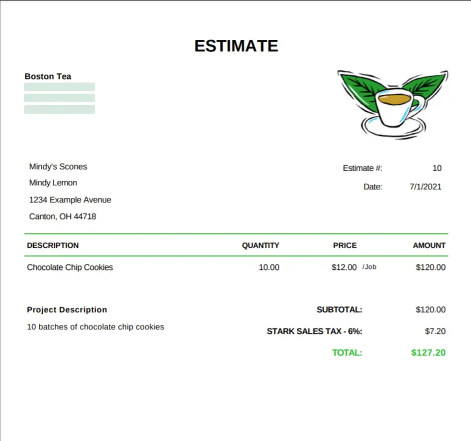 Example estimate from Patriot's Accounting Software