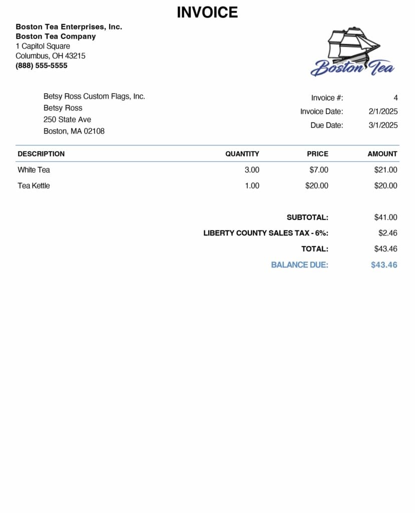 Example invoice from Patriot Software's self-guided demo