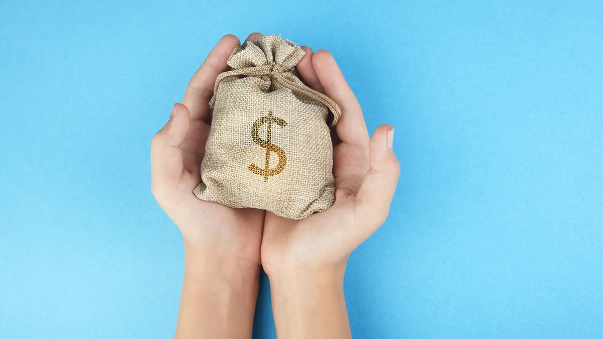 hands holding a small money bag