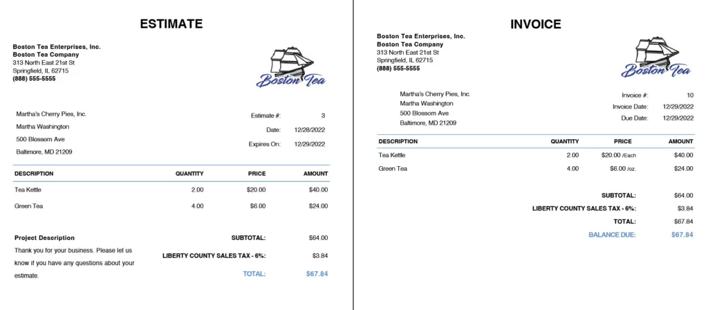 estimate and invoice examples from Patriot Software's demo, side by side. 