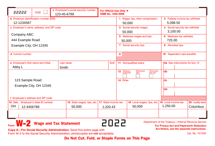 W2 Form Example 2022