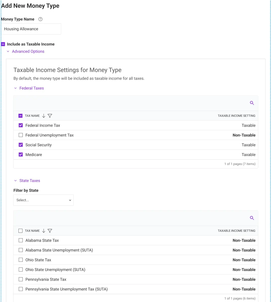 example of taxability by money type set up