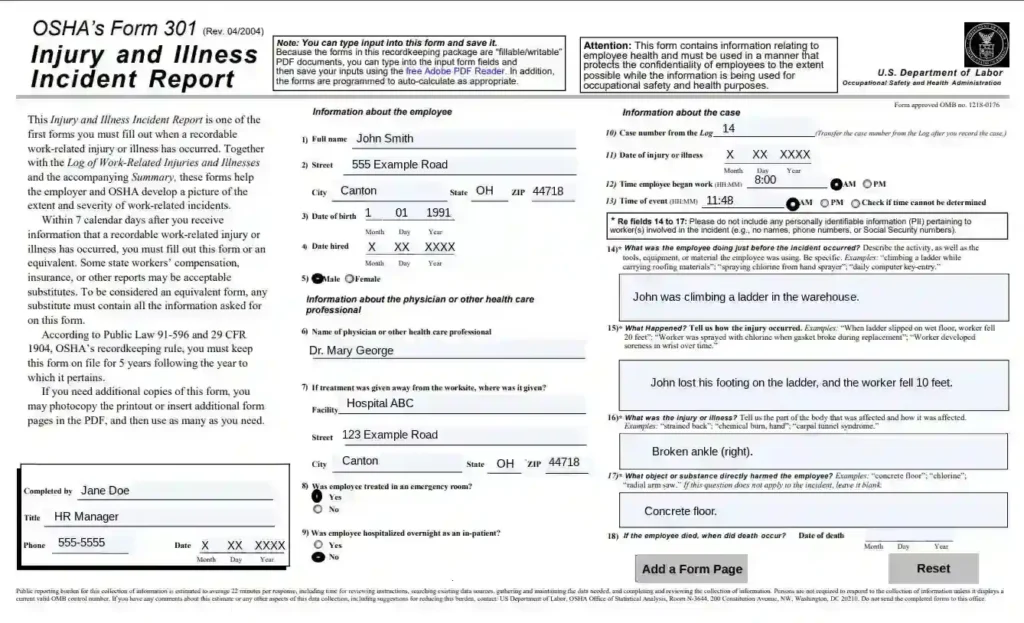 OSHA Form 301, Injury and Illness Incident Report, filled out for an example scenario. 