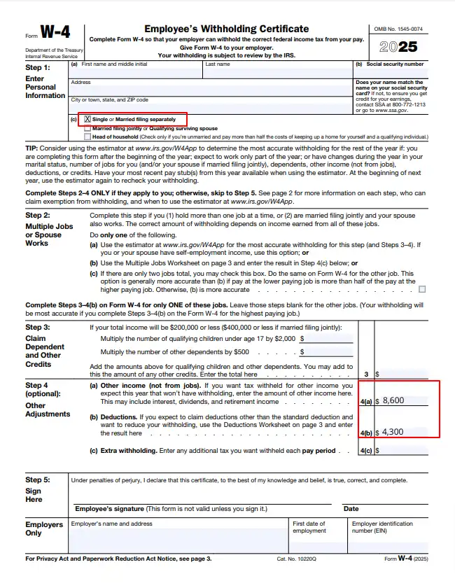 2025 Form W-4 filled out using the computational bridge