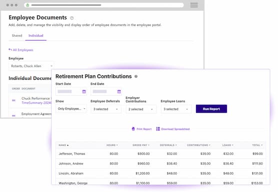 Patriot's Human Resources Software screenshot of Employer Documents and Retirement Plan Contributions