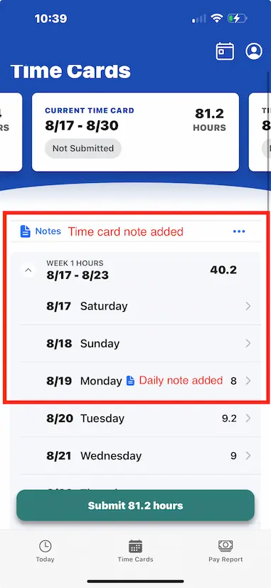 example of notification of notes on time cards