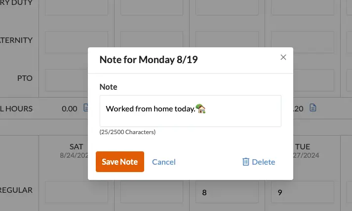 example of a daily note on an employee timecard.