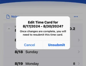 example of unsubmitting a time card for edits