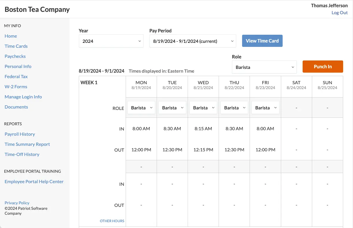 Example of time punch time card in Patriot Time and Attendance Software.