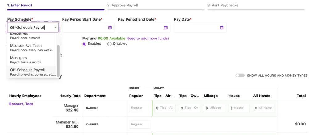 example of off cycle payroll dropdown in Patriot