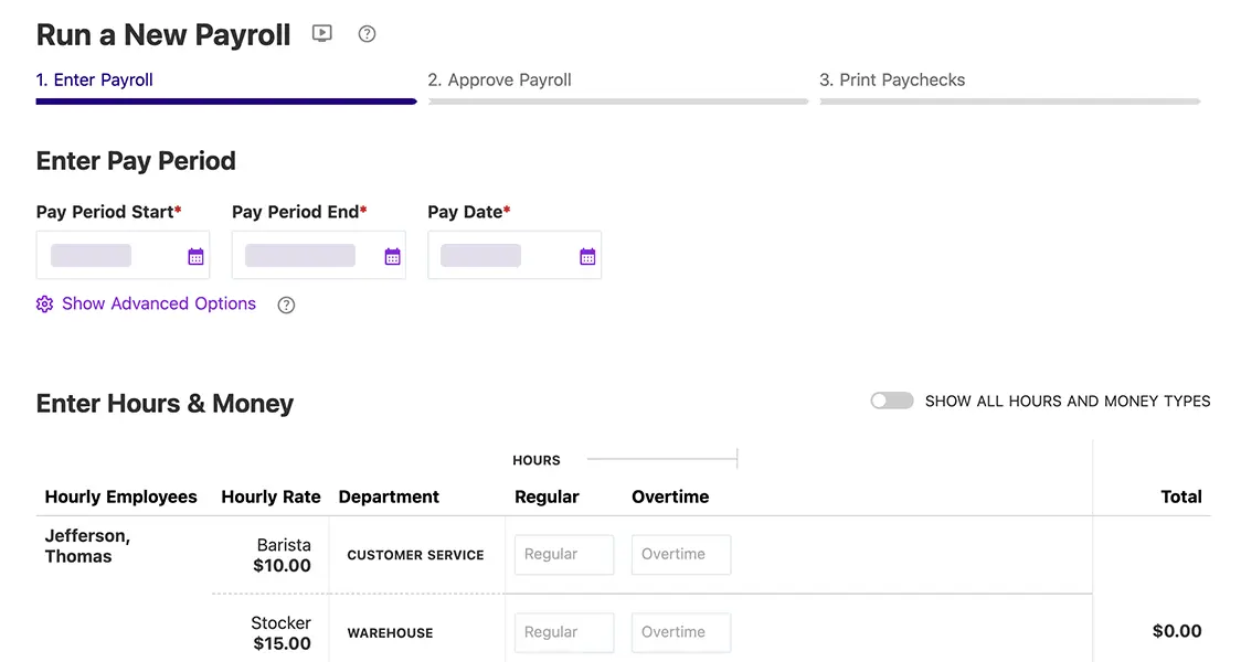 Patriot's Run a New Payroll page in the payroll software.