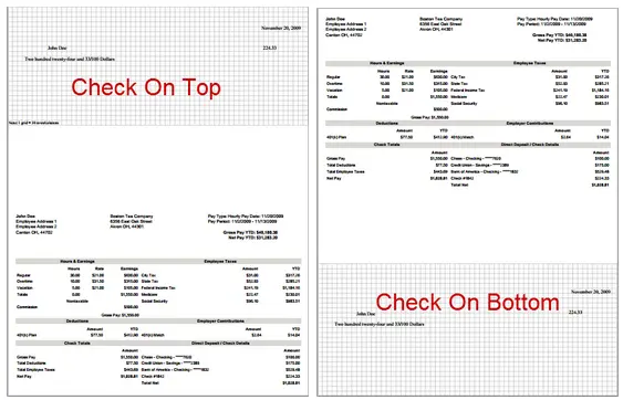 Paycheck formatting in Patriot's payroll software. Screenshot shows one check on top example and one check on bottom example.