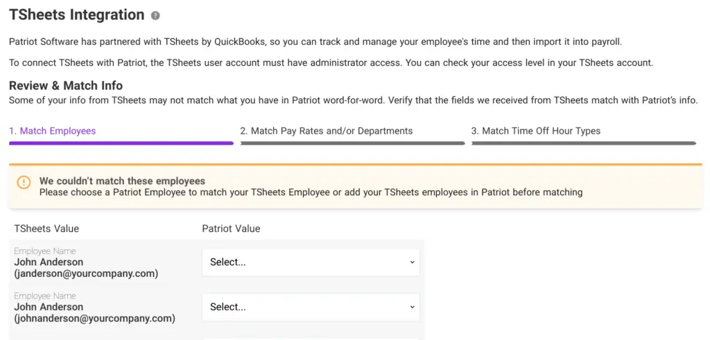 TSheets integration in Patriot Software