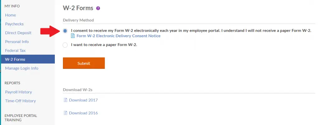 Employee portal: Consent to receive Forms W-2 electronically 