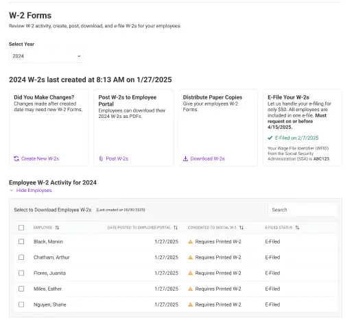 Example of Basic Payroll Customer option of SSA W2 filing in Patriot Software