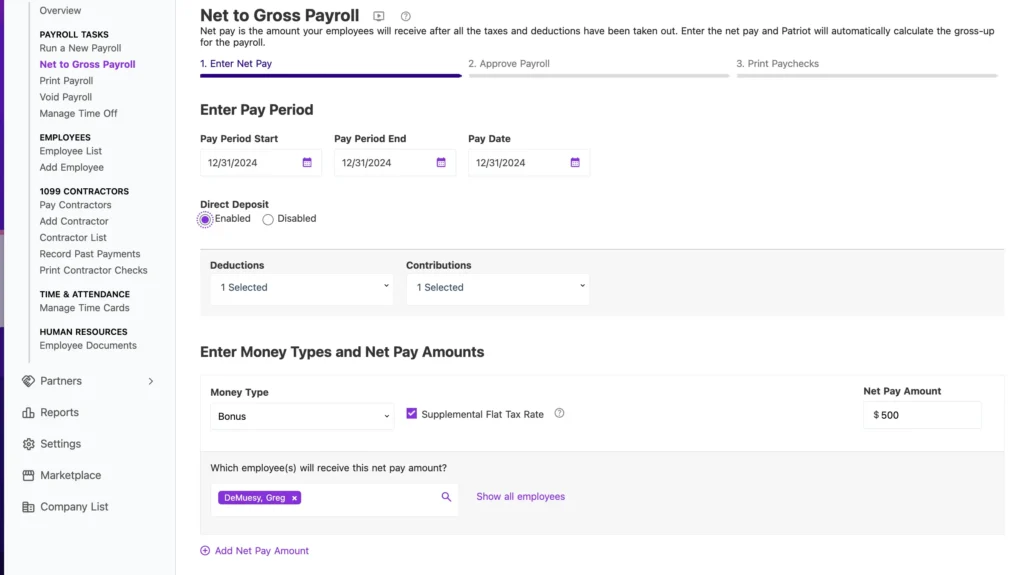 example of net-to-gross payroll tool in Patriot Software