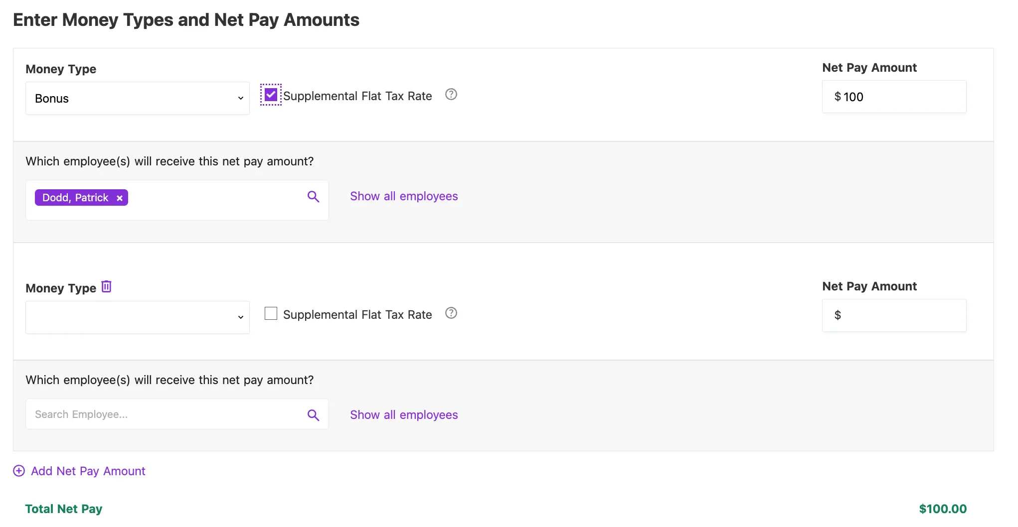 example of adding an additional net to gross payroll amounts with option to delete with trashcan icon