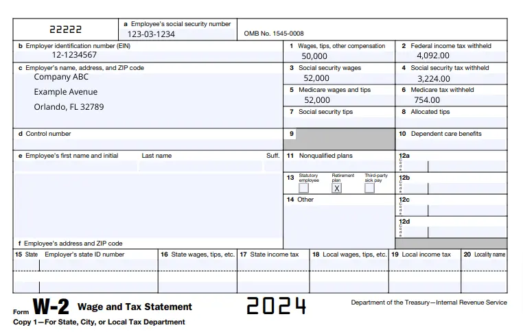 IRS Form W-2 example showing box 1 amount lower than boxes 3 and 5.