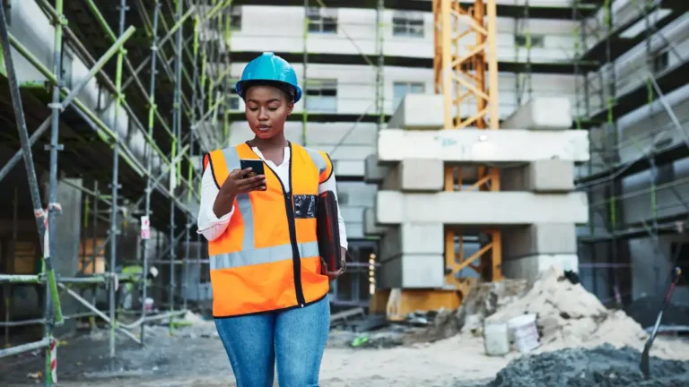 Construction worker clocking in on her phone using geotagging in time and attendance.