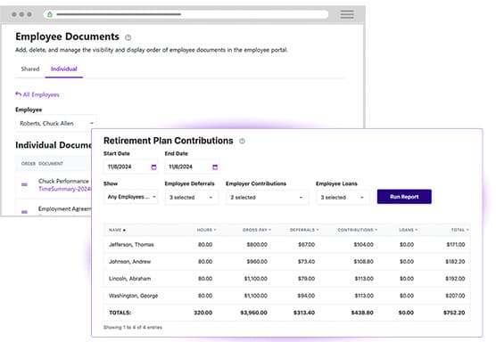 Patriot's Human Resources Software screenshot of Employer Documents and Retirement Plan Contributions