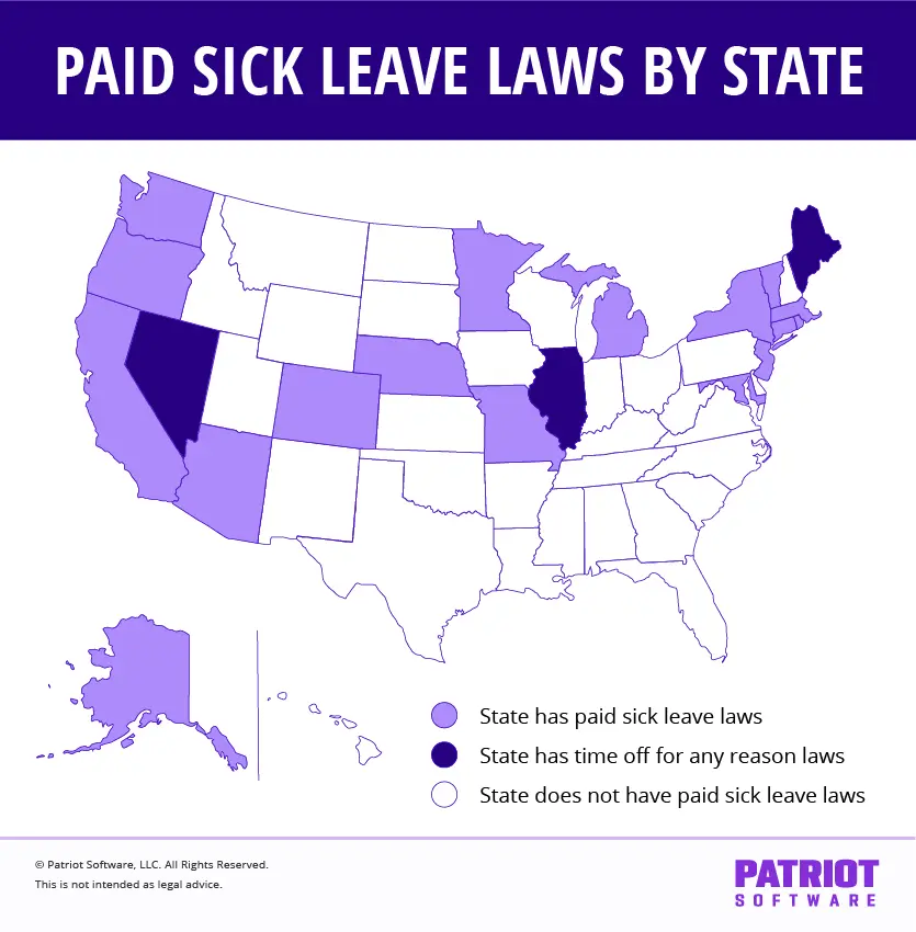 Map showing paid sick leave laws by state. 