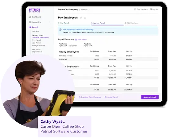 Screenshots of Patriot's payroll software on tablet with Patriot customer Cathy Wyatt