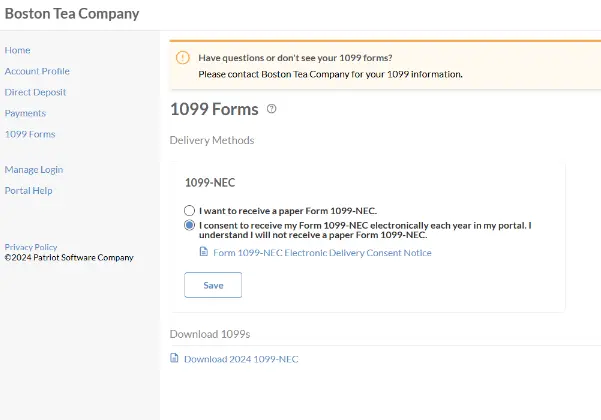 Granting permission for electronic 1099-NEC in Patriot.