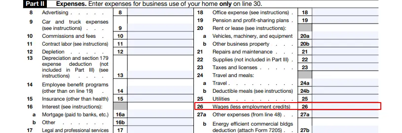 Schedule C, Part II, highlighting line 26.