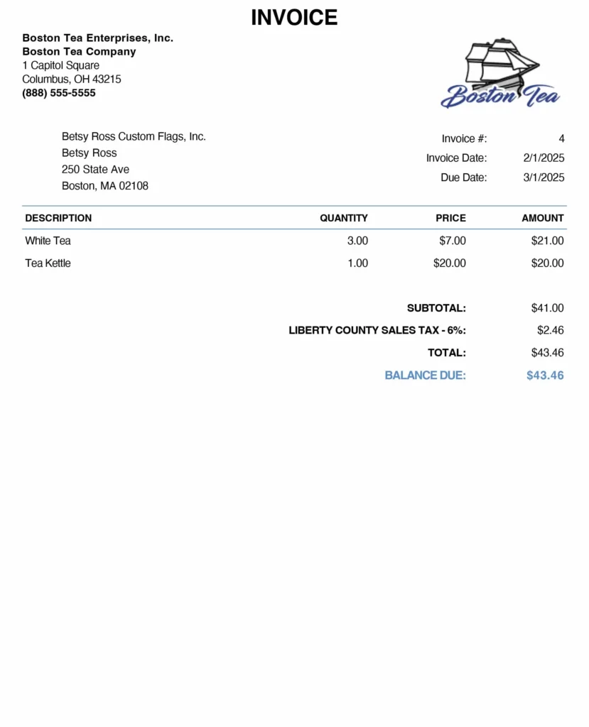 Sample invoice from Patriot's accounting software demo.